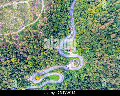 Chemin sinueux entouré d'arbres colorés dans la forêt. Vue aérienne de drone. Kesselberg Banque D'Images