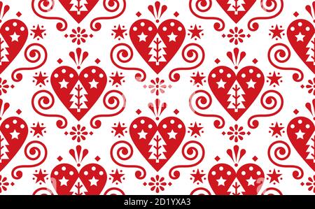 Noël mignon art folklorique scandinave vector rouge sans couture motif avec coeurs, arbres de noël, fleurs et tourbillons Illustration de Vecteur