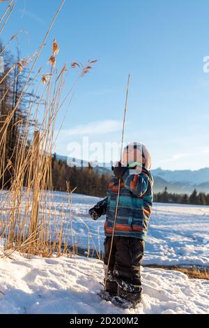 Garçon avec chapeau rouge de Santa sur fond de paysage d'hiver. Joyeux sourire enfant dans la neige à Noël debout à côté de grandes plantes à l'extérieur. Crans Banque D'Images