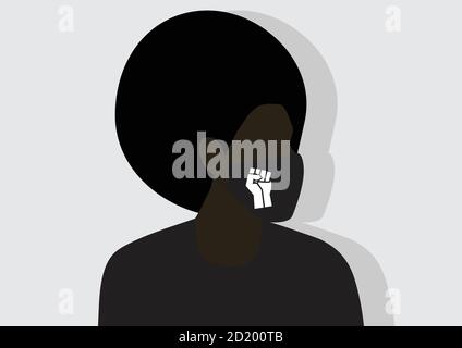 Personne noire avec un afro portant un masque facial orné de BLM poing Illustration de Vecteur