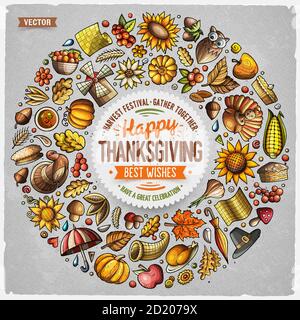 Ensemble vectoriel de dessins animés heureux de Thanksgiving Doodle objets, symboles et articles Illustration de Vecteur