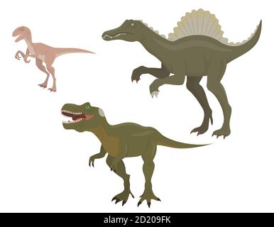 Ensemble de dinosaures prédateurs. Velociraptor, spinosaurus et tyrannosaurus en style de dessin animé. Illustration de Vecteur