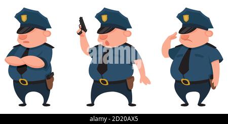 Policier dans différentes poses. Personnage masculin de style dessin animé. Illustration de Vecteur