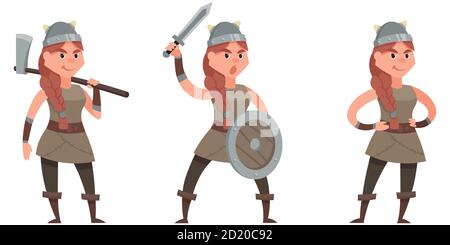 Viking dans différentes poses. Personnage féminin de style dessin animé. Illustration de Vecteur