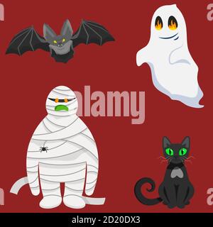 Jeu de caractères d'halloween. Chauve-souris, fantôme, momie et chat noir dans un style de dessin animé. Illustration de Vecteur