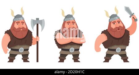 Viking dans différentes poses. Personnage masculin de style dessin animé. Illustration de Vecteur