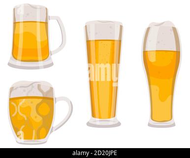 Ensemble de verres à bière et de tasses. Différents objets dans le style de dessin animé. Illustration de Vecteur