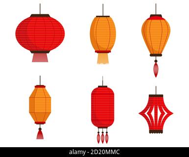 Ensemble vectoriel de lanternes chinoises. Lanternes en papier de style plat isolées sur fond blanc. Lanternes asiatiques classiques. Illustration de Vecteur