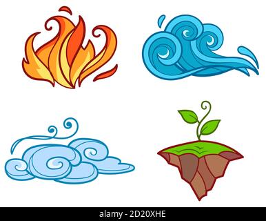 Quatre éléments de style dessin animé. Feu, eau, air et terre. Illustration de Vecteur