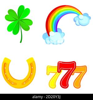 Ensemble de symboles Lucky. Trèfle, arc-en-ciel, fer à cheval et triple sept dans un style de dessin animé. Illustration de Vecteur