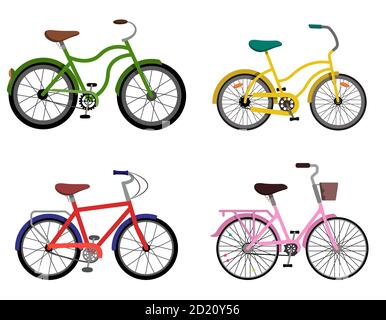 Ensemble de bycicles différents. Vélos urbains de style plat. Illustration de Vecteur