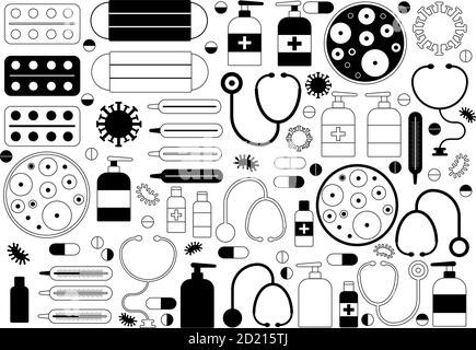 Jeu d'icônes de ligne de coronavirus. On y a inclus des icônes comme virus, stéthoscope, contagieux, contagion, infection et plus encore. Illustration de Vecteur