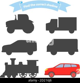 Trouver le transport de l'ombre correct.jeu éducatif pour les enfants voiture, locomotive à vapeur, camion, tracteur, van. Illustration de Vecteur