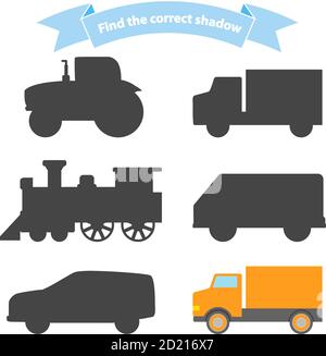 Trouver le transport de l'ombre correct.jeu éducatif pour les enfants voiture, locomotive à vapeur, camion, tracteur, van. Illustration de Vecteur