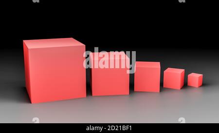 Cubes ou boîtes de différentes tailles, rouges, dans une pièce d'intérieur de studio réaliste, illustration de rendu 3d, papier peint de concept d'architecture ou arrière-plan Banque D'Images