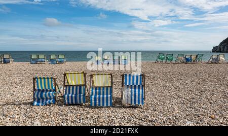 Chaises longues vides sur la plage de galets de Beer, Devon, Royaume-Uni Banque D'Images