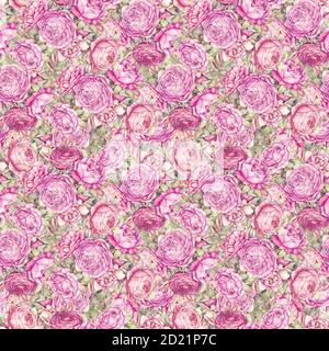 Motif fleuri sans couture. Aquarelle Peonies Roses feuilles. Fleurs roses, bourgeons, feuilles, branches. Arrière-plan de la mode. Vert Banque D'Images