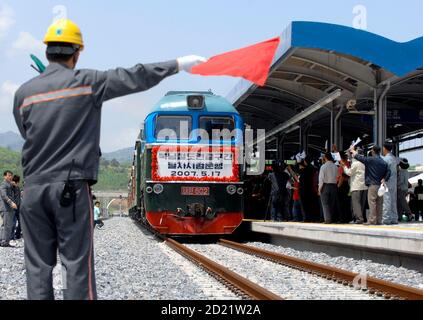 A Train From North Korea Arrives As South Koreans Wave One Korea Flags Or Unification Flags At The Jejin Railway Station Near The Demilitarized Zone Dmz In Goseong East Of Seoul May