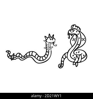 Punk rock serpent et cobra monochrome linéart illustration clipart. Autocollant alternatif simple. Enfants emo rocker coloriage page mignon main dessin animé Illustration de Vecteur