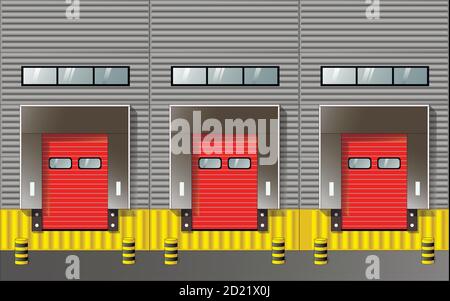 Un grand entrepôt de distribution avec des portes pour le chargement de marchandises. Illustration de Vecteur