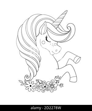 Tête de licorne avec fleurs. Beau portrait d'un cheval magique. Livre de coloriage de dessin pour une fille, esquisse linéaire pour la conception. Illustration vectorielle isolée sur fond blanc Illustration de Vecteur