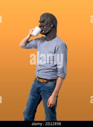 Homme portant un masque de gorille buvant de la tasse. Vue de profil. Trois quarts de longueur. Arrière-plan orange isolé. Banque D'Images