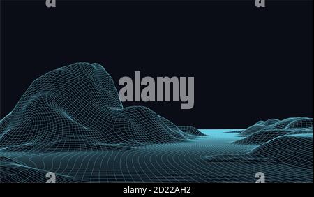 Arrière-plan vectoriel futuriste. Paysage numérique abstrait avec particules points à l'horizon. Paysage filaire. Big Data. Fond de science-fiction rétro Illustration de Vecteur