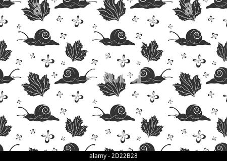 Motif sans couture de feuilles d'escargot, de papillon et de citrouille. Silhouettes noires sur fond blanc Illustration de Vecteur