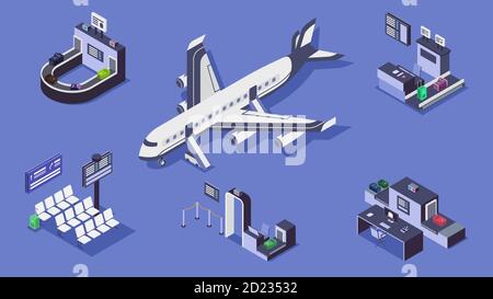 Jeu d'illustrations vectorielles de couleurs isométriques AirPort. Ceinture à bagages, avion commercial et point de contrôle de sécurité concept 3d isolé sur fond bleu Illustration de Vecteur