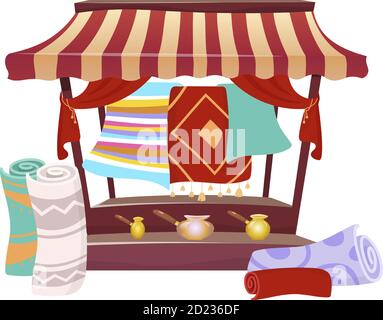 Bazar commerce auvent avec tapis faits main dessin animé illustration vectorielle. Tente du marché de l'est, marquise avec souvenirs, tapis persan plat objet de couleur Illustration de Vecteur