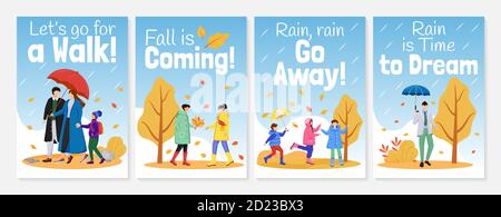 Ensemble de modèles vectoriels de couleur pour affiche de pluie. Humeur positive. Brochure, couverture, brochure conception d'une page, personnages de dessin animé. Humide Illustration de Vecteur