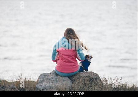 sport en bonne santé active fille avec petit chien chihuahua en animal vêtements assis sur des pierres près du rivage de la mer en hiver printemps saison avec espace de copie Banque D'Images