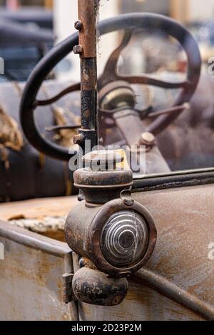 Détails sur un Ford Model T non restauré au musée de l'automobile du sud, Otaihanga, Île du Nord, Nouvelle-Zélande. Banque D'Images