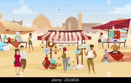 Illustration vectorielle plate de bazar égyptien. Vendeurs musulmans sur le marché de l'est. Les touristes choisissant des souvenirs, des céramiques faites à la main et des tapis sans visage Illustration de Vecteur