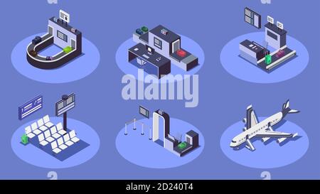 Jeu d'illustrations vectorielles de couleurs isométriques AirPort. Compagnie aérienne moderne services 3d concept isolé sur fond bleu. Comptoir d'enregistrement, bagages Illustration de Vecteur