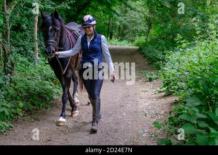 Une jeune femme souriante dans un équipement d'équitation mène un cheval brun sur une chaussée boisée. Pinner Wood, Harrow, NW London. Banque D'Images