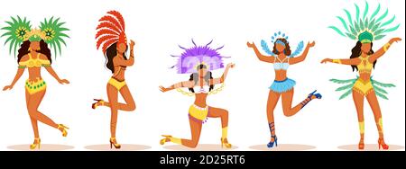 Brésil danseuses de carnaval couleur plat vecteur personnages sans visage ensemble. Latino dames en costumes de carnaval. Femmes en tenues festives avec flamants roses Illustration de Vecteur