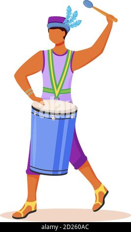 Brésil Carnival batteur plat couleur vecteur caractère sans visage. Latino homme en maillot et chapeau. Samba. Guy jouant sur conga par Drumstick isolé dessin animé Illustration de Vecteur