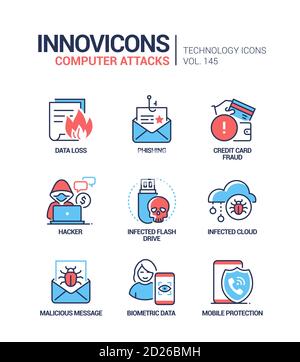 Attaques informatiques - icônes colorées de style de design de ligne Illustration de Vecteur