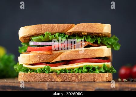 Sandwich club avec bacon. Grand sandwich savoureux avec laitue, tomate, fromage, bacon et jambon Banque D'Images
