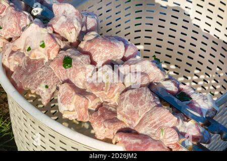 Viande crue dans une sauce crémeuse. Faire griller sur des brochettes pour griller avec des oignons, des herbes et des épices. Viande de porc crue, gros plan, texture de la viande. Banque D'Images