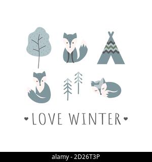 Modèle de t-shirt avec texte « Love Winter ». Personnage coloré de renard arctique avec arbres, illustration vectorielle pour enfants. Illustration de Vecteur