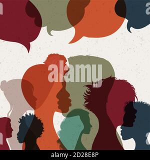 Affiche de bannière les têtes de silhouette font face à des gens internationaux dans le profil parler et communiquer. Bulle de la parole. Foule. Communication. Communauté. Parlez Illustration de Vecteur