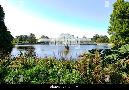 Le Palm House et le lac dans les jardins botaniques royaux, Kew à Richmond sur la Tamise. Banque D'Images