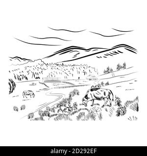 Affiche noire représentant un paysage de ferme de vache avec pâturage de vache un pré à côté des montagnes Illustration de Vecteur