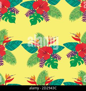 Palmier à feuilles tropical, hibiscus de fleur, oiseau de paradis sans couture p Illustration de Vecteur