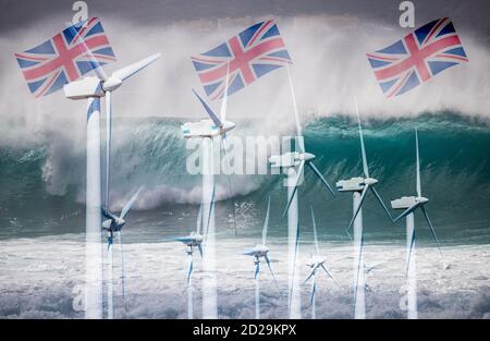 Éolienne offshore et vague de rupture.énergie éolienne et vague, énergie propre et renouvelable concept. Banque D'Images