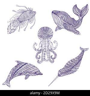 Ensemble de couleurs décoratives pour animaux marins. Illustration de Vecteur
