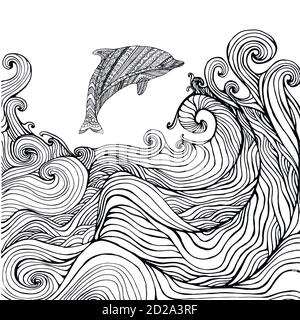 Page de coloriage pour les dauphins et les vagues de l'océan pour les enfants et les adultes. Illustration de Vecteur