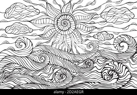 Doodle soleil, nuages et vagues de l'océan coloriage page pour les enfants an Illustration de Vecteur